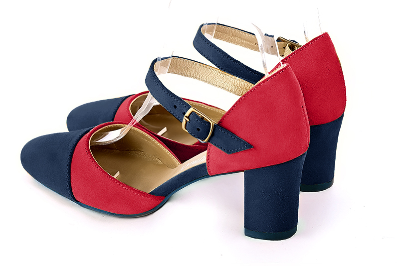 Navy blue and cardinal red women's open side shoes, with an instep strap. Round toe. Medium block heels. Rear view - Florence KOOIJMAN